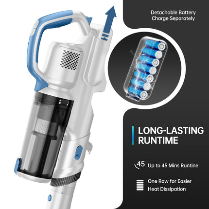 Fabuletta Cordless Vacuum Cleaner For Home, Up To 45 Min Runtime 6 In 1 Stick Vacuum Cleaner With Detachable Battery, Super Lightweight, Great For Pet Hair & Carpet & Hard Floor, White