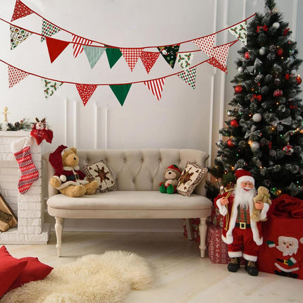 Zwiebeco 32Ft Christmas Pennant Banner Fabric Triangle Flags Garland Red Green White Cotton Bunting Banner for Xmas Party Birthday Wedding Christmas Year Fireplace Home Garden Outdoor Decorations