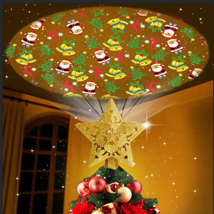 Star Christmas Tree Topper Lighted with Built-in Rotating LED Projector, Gold Glitter Starburst Tree Top Projection of 4 Dynamic Images for Christmas Tree Home Office Party Decor Ornament