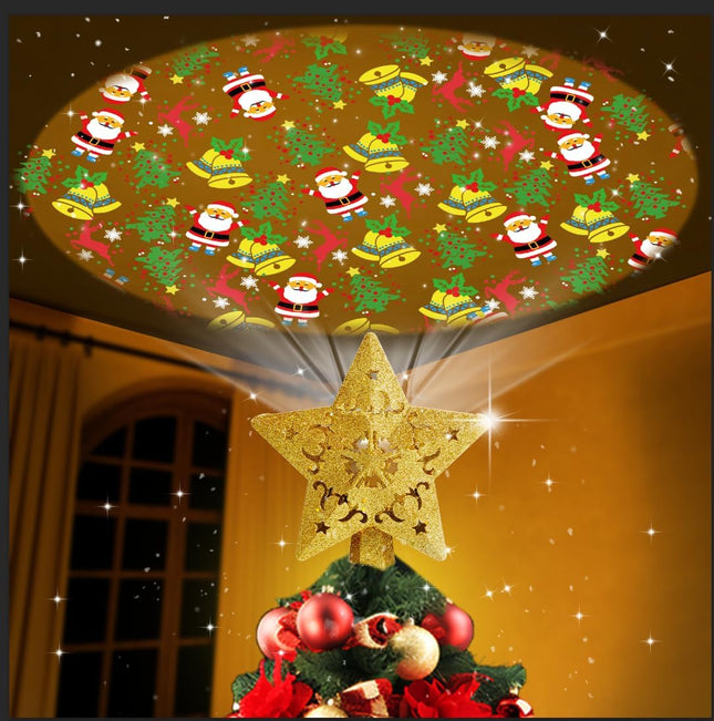 Star Christmas Tree Topper Lighted with Built-in Rotating LED Projector, Gold Glitter Starburst Tree Top Projection of 4 Dynamic Images for Christmas Tree Home Office Party Decor Ornament