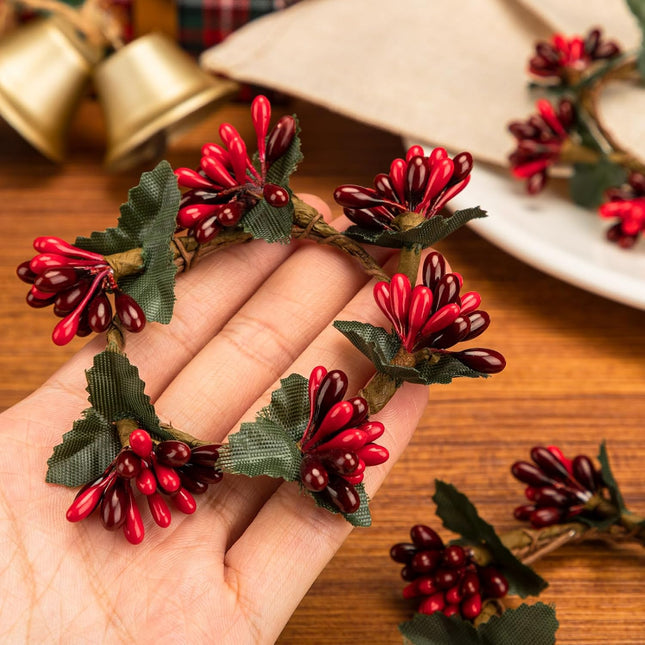 Noverlife 12 Set Christmas Napkin Rings, Artificial Foliage Berry Holiday Napkin Holders, Small Xmas Wreath Napkin Buckle Candle Rings Serviette Holders Banquet Table Decor for Christmas Dinner Party