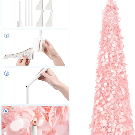 MACTING Pink Christmas Tinsel Tree with Lights, Easy-Assembly Glittery 5ft Pop up Christmas Tree for Holiday Party Winter Xmas Valentines Day Decorations
