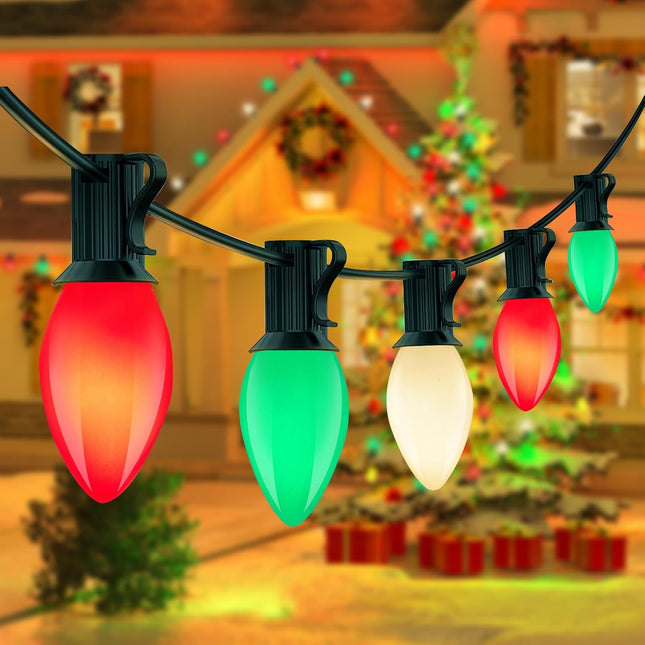 C7 LED Red White and Green Christmas Lights,25ft Vintage Ceramic Christmas String Light With 27 Multicolor LED Bulbs(2 Spare),Outdoor Hanging Christmas Lights for Garden House Xmas Garland Tree Decor