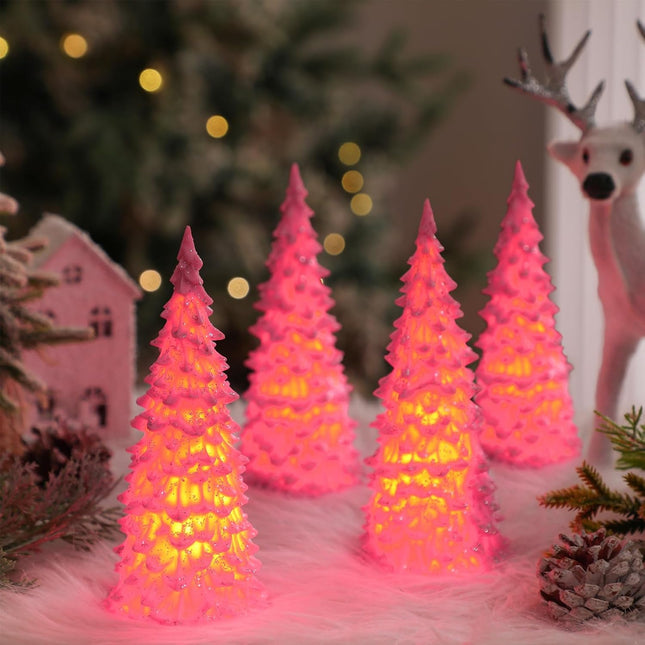 4 Pcs LED Resin Table Christmas Tree with Sequins 6.3'' Tall Glitter Tabletop LED Trees Battery Operated Lighted Christmas Tree Decor for Xmas Party Decor Centerpiece s(Pink)