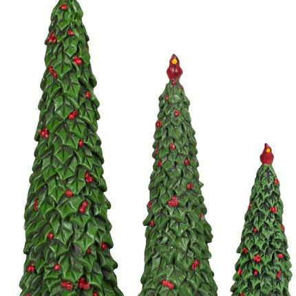 Set of 3 Sculpted Resin Holly Christmas Trees with Red Cardinals and Berries, 6, 9 and 12 Inches High