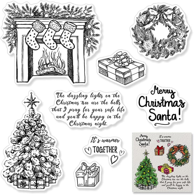Christmas Fireplace Wreath Tree Clear Stamps for Card Making Scrapbooking Crafting DIY Decorations, Christmas Words Transparent Silicone Seal Stamps for Embossing Album Crafts