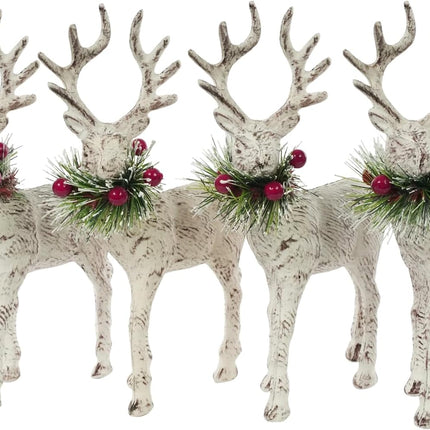 iPEGTOP 4Pcs Christmas Reindeers Deer Figurine Decor, 8.5" White Rustic Winter Deer with Pine Branch Wreath Red Berries Collar, Christmas Elk Tabletop Standing Statues Decorations