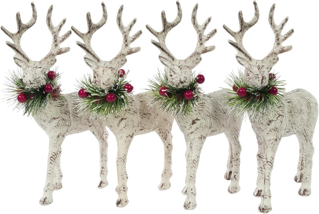 iPEGTOP 4Pcs Christmas Reindeers Deer Figurine Decor, 8.5" White Rustic Winter Deer with Pine Branch Wreath Red Berries Collar, Christmas Elk Tabletop Standing Statues Decorations