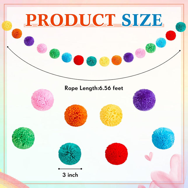 Boao 2 Pcs Colorful Yarn Pom Pom Garland 6.5 ft Long 32 Ball Garland 3 Inch Rainbow Ball Garland for Birthday Banner Halloween Thanksgiving Xmas Tree Wedding Home Wall Hanging Decorations