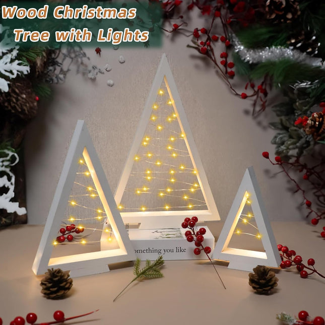 Set of 3 Tabletop Wood Christmas Tree with Lights, Lighted Wooden Triangle Christmas Trees with Remote Timer Farmhouse Holiday Xmas Tree Decorations for Home Fireplace Mantle Decor (White)