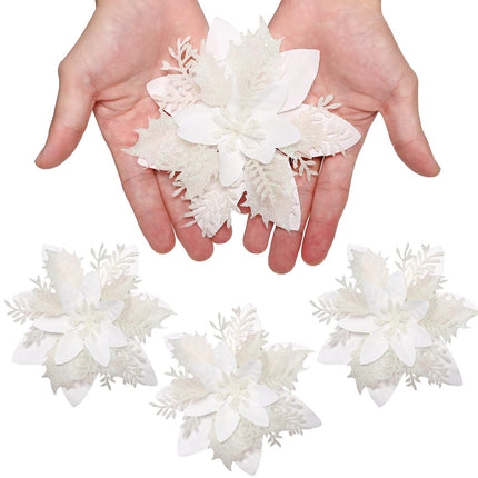 Kisangel 12pcs Christmas Artificial Flowers Glitter Poinsettia Flowers Christmas Flowers with Clips and Stems for Xmas Wreath Home Ornaments, White