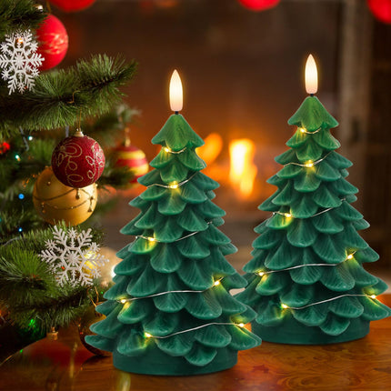 DRomance Christmas Tree Flameless Candles String Lights with 11-Key Remote and Timer, 2 Pack Green Real Wax Battery Operated 3D Wick LED Flickering Candles Dinner Holiday Indoor Decor(3" x 7.1")