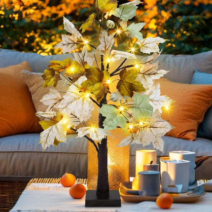 Uieke 2 Packs 24inch Artificial Lighted Fall Maple Tree 48 LED Fall Decor Table Lights with 6 White Pumpkins Battery Operated Timer, Fall Decorations or Home Thanksgiving Autumn Harvest (Green White)