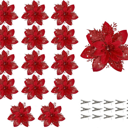 15 PCS Poinsettia Flowers Artificial Poinsettia,Christmas Decorations Poinsettias Artificial Christmas Flowers,Christmas Tree Flower Decorations with Stems DIY Xmas Wreath Year Party Ornament