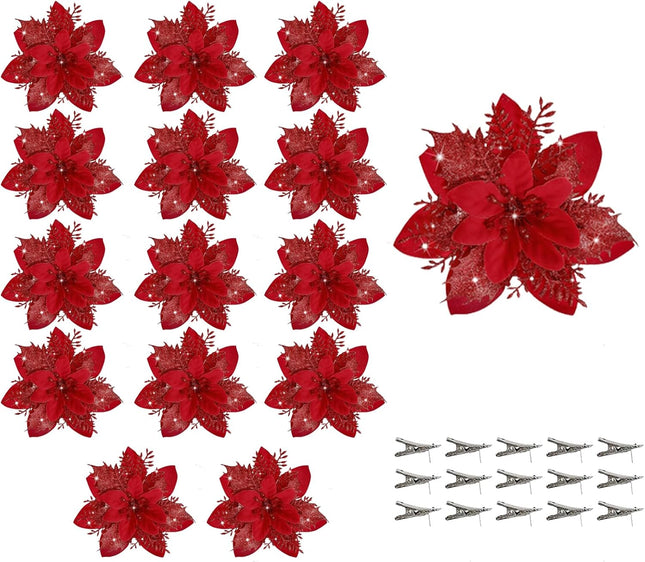 15 PCS Poinsettia Flowers Artificial Poinsettia,Christmas Decorations Poinsettias Artificial Christmas Flowers,Christmas Tree Flower Decorations with Stems DIY Xmas Wreath Year Party Ornament