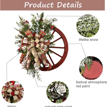 Christmas Wreath, 24 inch Artificial Plaid Bow Holiday Pine Cones Wreath Hanging Roulette Wheel Garland for Front Door Decoration and Christmas Party Decor
