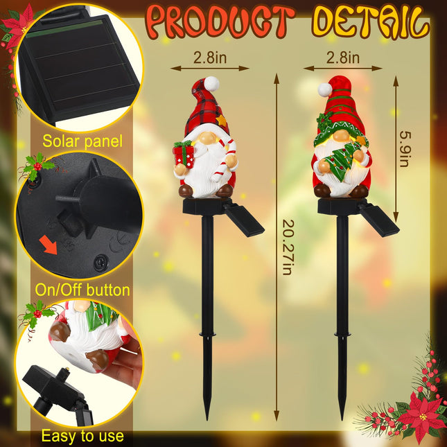 2 Pack Christmas Gnome Solar Light Waterproof Gnome Garden Stakes for Outside Xmas Gnome Statue LED Solar Light for Winter Home Patio Yard Lawn Pathway Walkway Xmas Outdoor Decoration