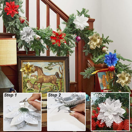 12 Pcs Poinsettia Artificial Christmas Flowers Decorations with Clips and Stems Glitter Christmas Poinsettia Decorations for Xmas Tree Ornaments Winter Party Wreath Decoration (Silver)