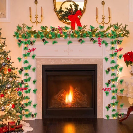 10Ft 30 LED Prelit Christmas Garland with Lights Timer, Garlands for Decoration Christmas Battery Operated Pine Cones Red Berries Lighted Garland for Mantle Home Indoor Xmas Decor, Warm White
