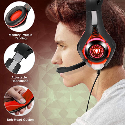 Stereo Gaming Headset for PlayStation 4 PS4, Over-Ear Headphones With Mic and LED Lights for Xbox One, PC, Laptop (Red)