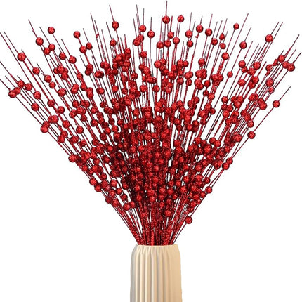 20 PCS Red Glitter Christmas Picks for Vases DIY Wreath Home Decor, Artificial Glitter Berry Stems Ornaments Fake Xmas Decorative Sticks (Red)