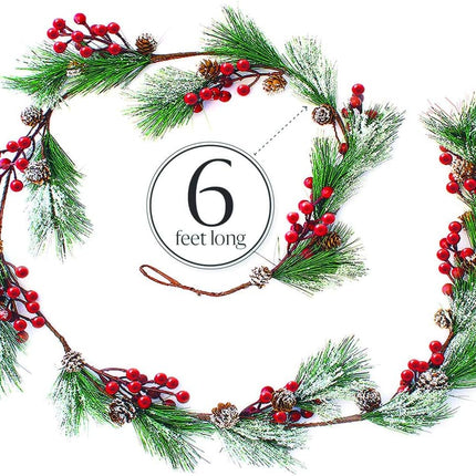 Christmas Garland Winter Red Berries Holiday Decoration Pine Cones, Evergreen Pine Needle – Unlit Berry Garlands Xmas Decor, Kitchen, Bar, Fireplace/Indoor/Outdoor Greenery with Snow 6 Ft Long (6ft)