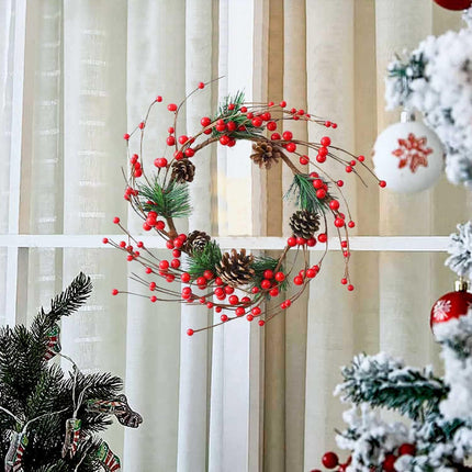 12 inch Artificial Christmas Wreath, Farmhouse Handmade Rattan Small Christmas Door Hanging with Red Berry, Pine Cones for Indoor Outdoor DIY Christmas Decoration Wall, Candle Tabletop Ornament