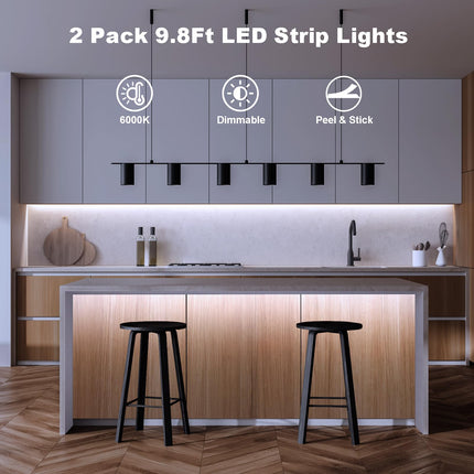 echosari 2 PCS Strip Lights Battery Operated, 9.8Ft 90 LED Strip Lights Self-Adhesive with Remote Timer, Flexible Cuttable Light Strip for Bedroom TV Boat Kitchen Cupboard Decor (Cool White)