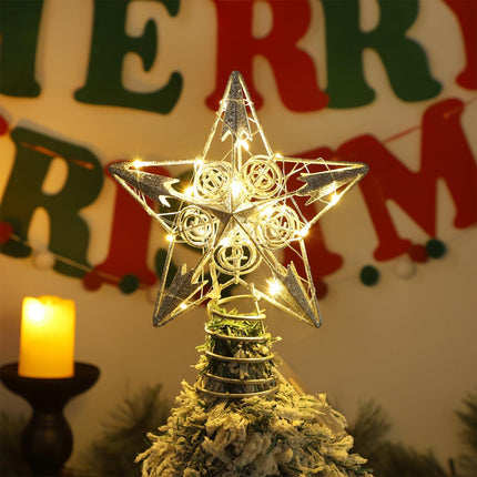 Juegoal Star Tree Topper with 20 LED Lights, Metal Silver Lighted Treetop Ornaments, Battery Powered Light Up Christmas Tree Decorations, 6.5 x 6.5 Inches
