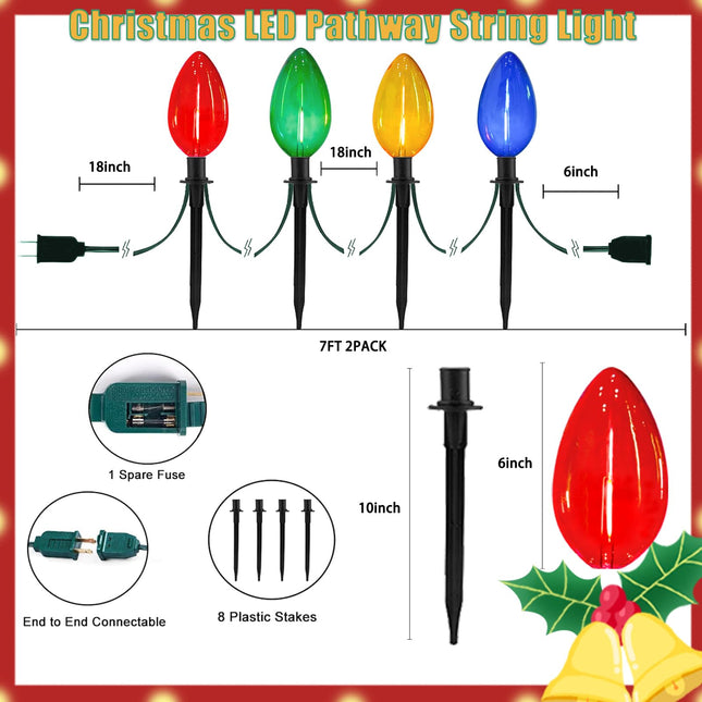 2 Pack Jumbo C9 Christmas Pathway String Lights Outdoor, Total 14 Feet Christmas Walkway Lights Waterproof with 8 LED C9 Jumbo Multicolor Bulbs UL Listed for Holiday Outside Yard Garden Lawn Decor