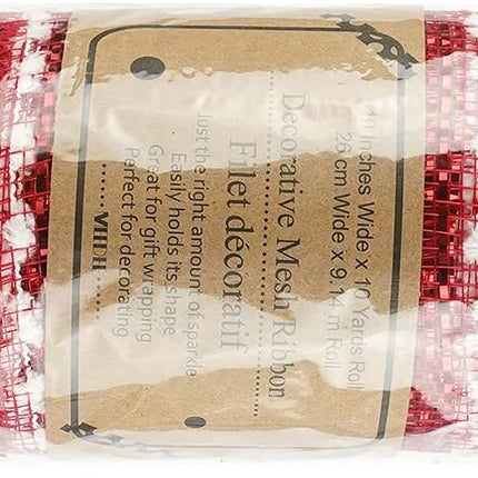 MEEDEE Snow Deco Mesh Ribbon Red Mesh Ribbon Red Deco Mesh 10 Inch Red Metallic Mesh with White Snow Balls for Wreaths Garland Decorating (30 Feet)
