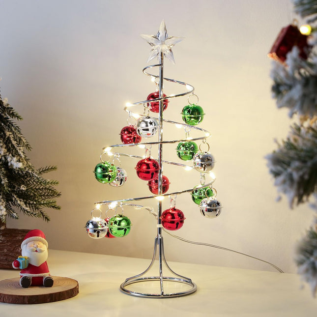 Lewondr Christmas Table Lamp, USB/Battery Powered Spiral Christmas Tree Desk Lamp with Star Topper, Decorative Christmas Tree Light with Red/Green Hanging Bells for Home Bedroom Xmas Party, Red/Green