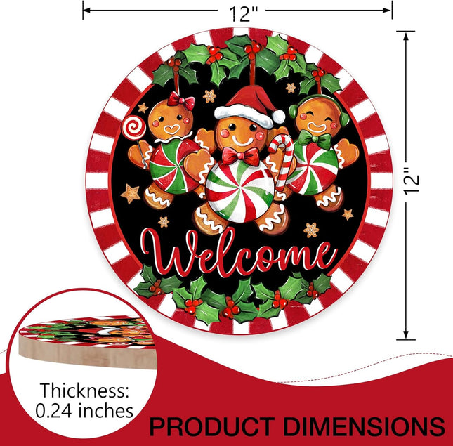 Deroro Welcome Christmas Gingerbread Man Front Door Sign, Xmas Peppermint Candy Wood Door Hanger Outdoor Outside Porch Decor, Stripes Holly Berry Holiday Wooden Wreath Indoor Wall Hanging Decoration
