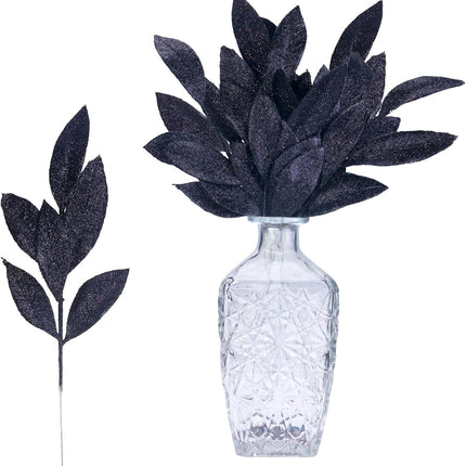 GREENTIME 12 Pack Artificial Black Glitter Leaves 13" Fake Decorative Glitter Sticks for Vase Christmas Tree DIY Wreath Crafts Fireplace Halloween Decor