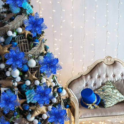 24 Pcs Christmas Blue Glittered Mesh Holly Leaf Artificial Poinsettia Flowers Picks Tree Ornaments 5.9" W for Blue Christmas Tree Wreath Garland Floral Winter Wedding Holiday Decoration