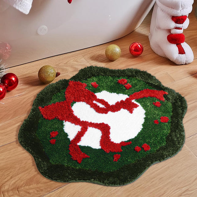 MelonBoat Christmas Bathroom Rugs: Non-Slip Christmas Bath Mat with Wreath and Bows Design, Absorbent Cute Soft Christmas Decorations Bathroom Rugs, Washable Green Christmas Bath Mats 24 x 24 Inch