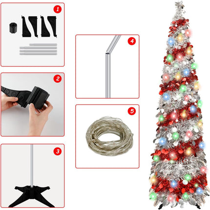 5FT Christmas Trees with 90 Lights, Collapsible Artificial Sequin Pop Up Christmas Tree, Tinsel Slim Pencil Christmas Tree for Home Holiday Fireplace Party Indoor Outdoor Xmas Decorations (Sliver&Red)