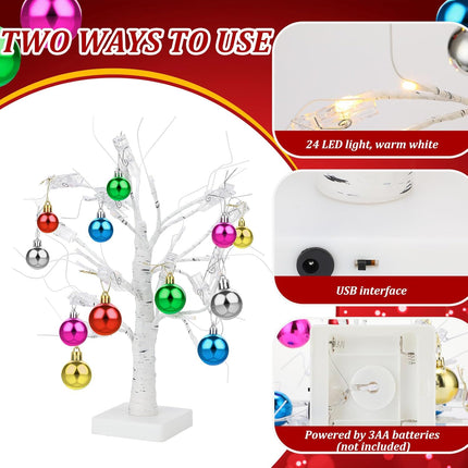 4 Pcs Christmas Artificial Birch Tree with LED Lights Battery and USB Powered Tabletop Tree Warm White with 48 Christmas Balls Ornaments for Table Bedroom Office Home Wedding, 1.5ft, 24 LED