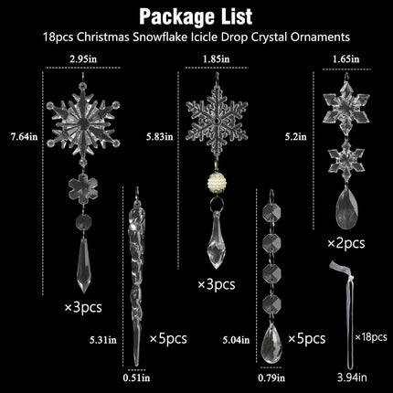 18pcs Christmas Tree Decoration Crystal Ornaments - Hanging Acrylic Christmas Snowflake Icicle Drop Crystal Ornaments for Christmas Tree Winter Year Party Supplies