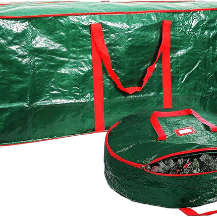 Christmas Tree Storage Bag 52" and Christmas Wreath Storage Bag 30" - Storage 7.5 Foot Artificial Xmas Holiday Tree with Handles, Dual Zipper, Durable Waterproof Material（Green）