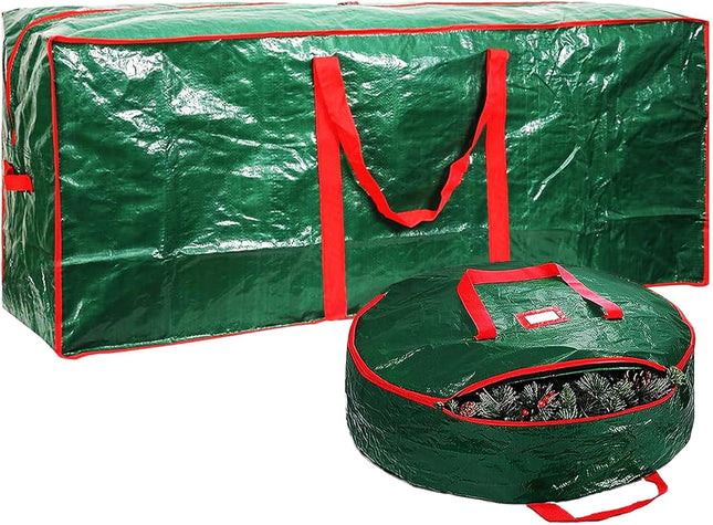 Christmas Tree Storage Bag 52" and Christmas Wreath Storage Bag 30" - Storage 7.5 Foot Artificial Xmas Holiday Tree with Handles, Dual Zipper, Durable Waterproof Material（Green）