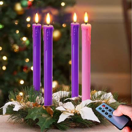 Set of 4 LED Christmas Advent Candle Lights, Battery Operated Taper Candles for Advent Wreath, 3 Purple 1 Rose Flickering Wax Flameless Candles for Holiday School Church Advent Celebration