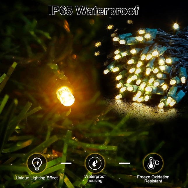 Warm White LED Christmas Lights Outdoor– 50ft 100 Counts Commercial Grade Outdoor Waterproof Green Wire Tree Lights, 5mm Wide Angle Plug in for Xmas, UL, IP:65