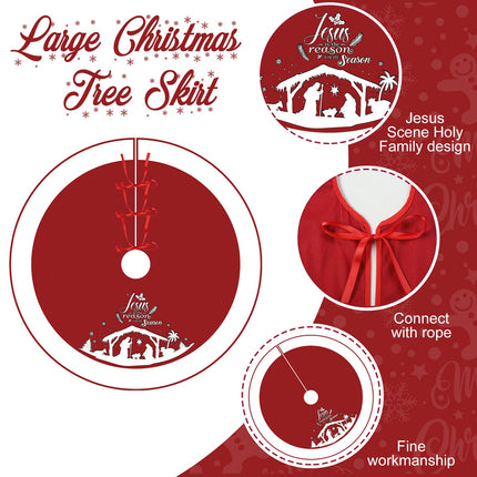 48 Inch Christmas Tree Skirt Nativity Scene Holy Family Xmas Tree Mat Jesus is The Reason for The Season Tree Skirt Pad Double Layer Round Tree Skirt for Christmas Holiday Jesus Party Decor (Red)