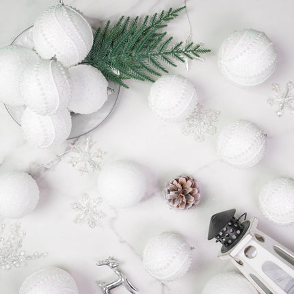3.15" Christmas Ball Ornaments 12pcs Sequin Christmas Balls Shatterproof Christmas Tree Ornaments Glitter Christmas Ornaments Plastic Hanging Pearl Balls for Xmas Trees,Holiday Party(White)