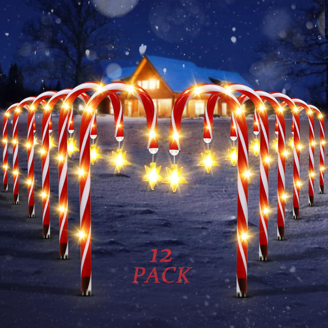 12 Pack Outdoor Christmas Decorations Solar Christmas Candy Cane Lights Solar Christmas Pathway Lights Outdoor Waterproof with Star & Bright LED 8 Modes Xmas Decorations for Outside Yard Garden