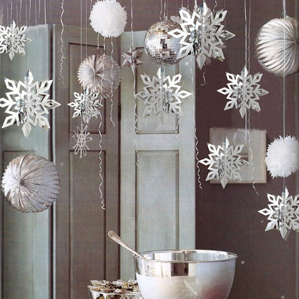 OuMuaMua Winter Christmas Hanging Snowflake Decorations, 12PCS 3D Large Silver Snowflakes & 12PCS White Paper Snowflakes Hanging Garland for Christmas Winter Wonderland Holiday Year Party Home