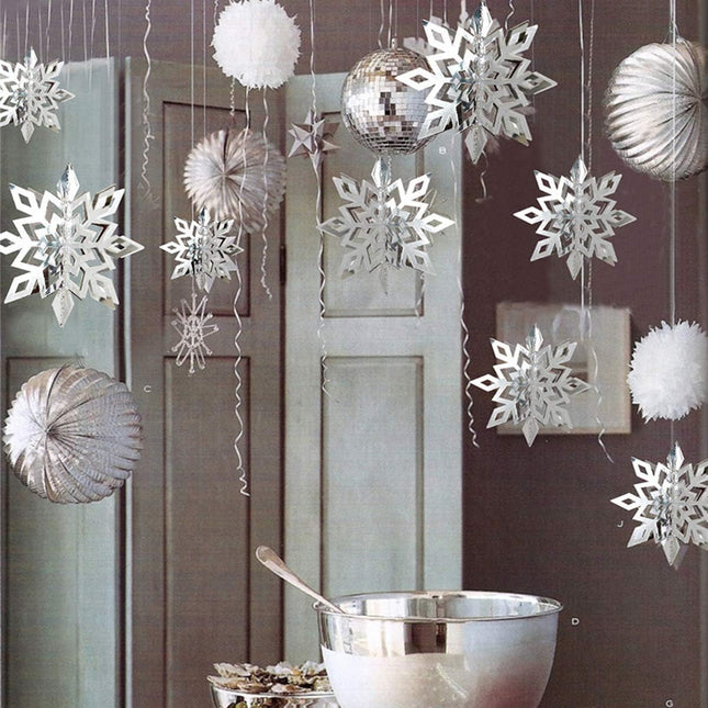 OuMuaMua Winter Christmas Hanging Snowflake Decorations, 12PCS 3D Large Silver Snowflakes & 12PCS White Paper Snowflakes Hanging Garland for Christmas Winter Wonderland Holiday Year Party Home