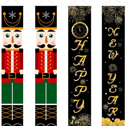 3 Pcs Christmas Decor Nutcracker Outdoor Reversible Banner & Small Xmas Wreath Hanging Sign Decor& Year Reversible Banner Door Sign for Years Eve Party Supplies,Hanging Merry Christmas Happy