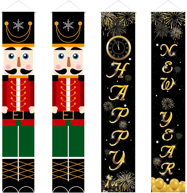 3 Pcs Christmas Decor Nutcracker Outdoor Reversible Banner & Small Xmas Wreath Hanging Sign Decor& Year Reversible Banner Door Sign for Years Eve Party Supplies,Hanging Merry Christmas Happy